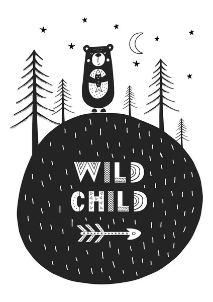 Wild child - Cute hand getekende kwekerij poster met cartoon dier en belettering in Scandinavische stijl. — Stockvector