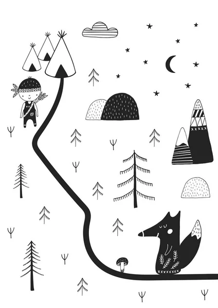 Şirin el kreş poster vahşi Karikatür hayvan ile İskandinav tarzında çekilmiş..