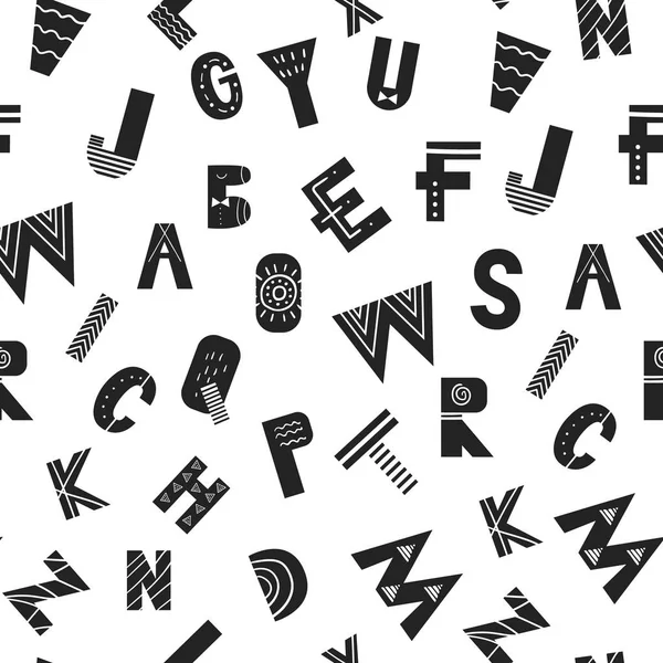 Padrão sem costura ABC com letras alfabeto latino em estilo escandinavo monocromático. Ilustração vetorial —  Vetores de Stock