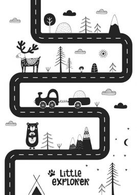 Little explorer - Cute hand drawn nursery poster with road, wild animals and car. Monochrome vector illustration. vector