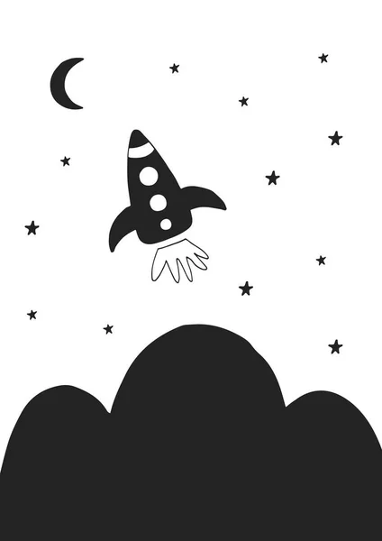 Cartaz de berçário bonito desenhado à mão com foguete espacial em estilo escandinavo. Ilustração do vetor monocromático — Vetor de Stock