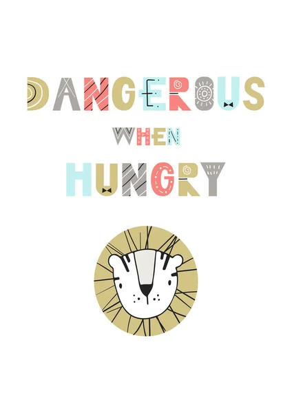 Perigoso quando com fome - Cartaz de berçário bonito e divertido desenhado à mão com tigre de desenhos animados e letras em estilo escandinavo — Vetor de Stock