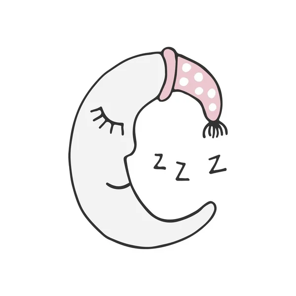 Bonito cartel infantil dibujado a mano con luna dormida en estilo escandinavo. Ilustración vectorial monocromática — Vector de stock