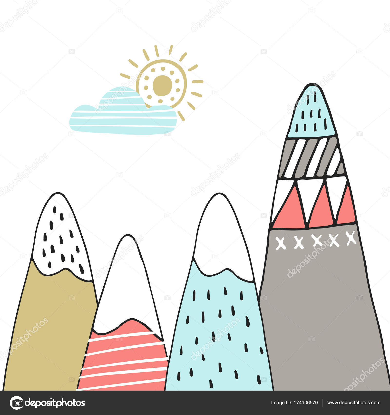 Poster di vivaio disegnato a mano sveglio con montagne di fumetto e sole in stile scandinavo Illustrazione di vettore di colore — Vettoriali di