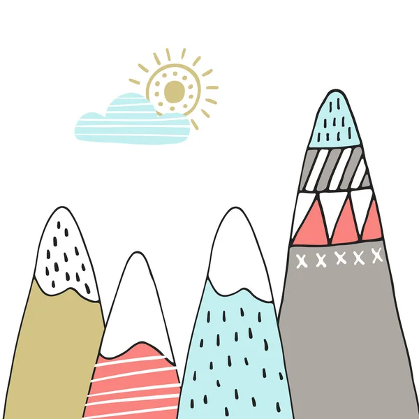 Şirin el çekilmiş kreş poster karikatür dağlar ve İskandinav tarzı güneşte ile. Renk vektör çizim.