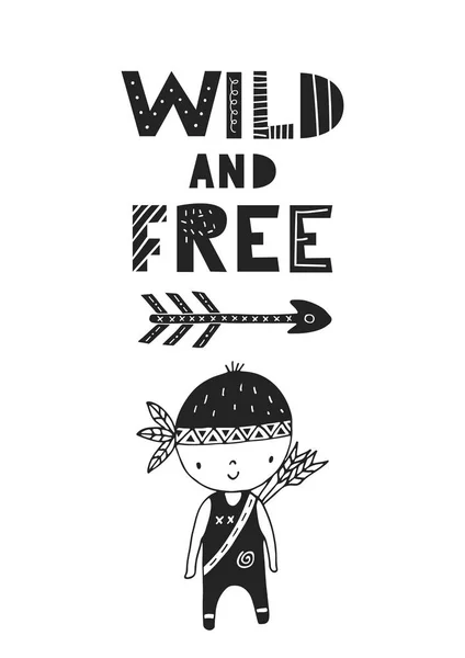 Selvaggio Libero Poster Vivaio Disegnato Mano Con Cacciatore Bambini Lettering — Vettoriale Stock