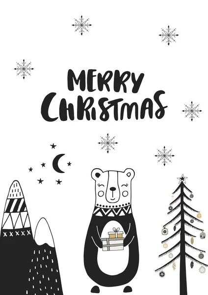 メリー クリスマス 白黒クマとレタリングのスカンジナビア風の手描き下ろしクリスマス カード 新しい年のベクトル図 — ストックベクタ