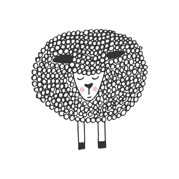 Jolie affiche de pépinière dessinée à la main avec des petits moutons uniques dans un style scandinave. Illustration vectorielle monochrome — Image vectorielle