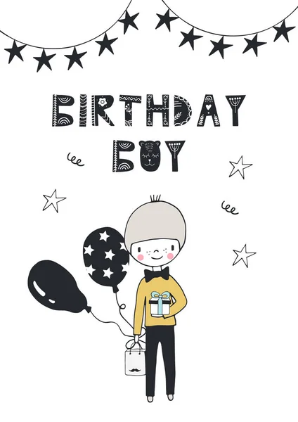 Birthday boy - cartel de cumpleaños de vivero con niño y letras en estilo escandinavo . — Archivo Imágenes Vectoriales