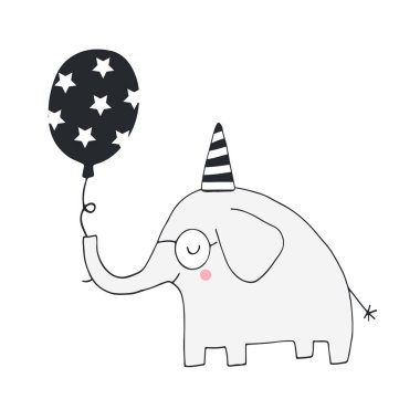 Benzersiz el çizilmiş kreş Doğum poster fil İskandinav tarzı ile. Vektör çizim.