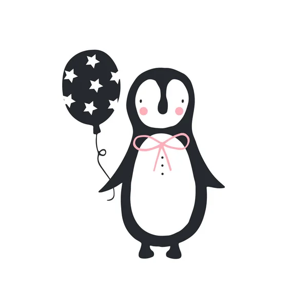 Poster Compleanno Unico Disegnato Mano Con Simpatico Pinguino Stile Scandinavo — Vettoriale Stock