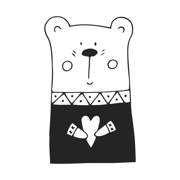 可爱的手绘在斯堪的纳维亚风格的熊和心脏苗圃海报 单色矢量插图 — 图库矢量图片