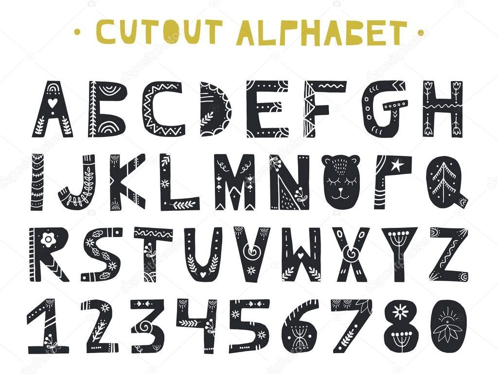 Cutout ABC - Latin alphabet. Unique handmade letters with folk art ornament in scandinavian style.