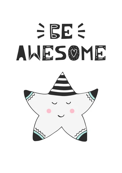 Var olmak korku veren - çizilmiş kreş Doğum poster küçük sliping yıldız ile el ve İskandinav tarzı yazı kesip.