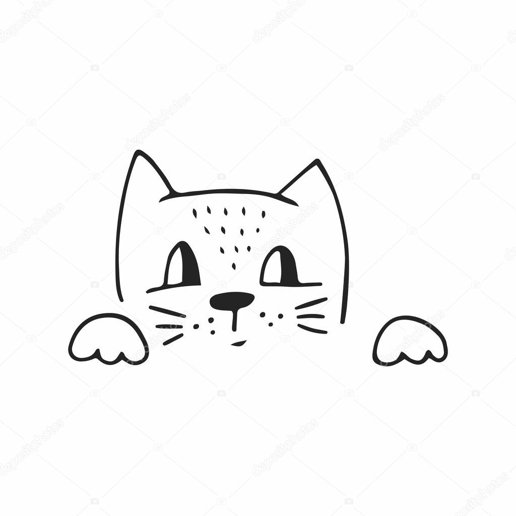 Cute hand drawn nursery poster with cat character in scandinavian style. Monochrome vector illustration