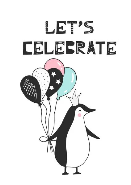 Lasst uns feiern - handgezeichnetes Kindergeburtstagsposter mit Pinguin und ausgeschnittenem Schriftzug im skandinavischen Stil. — Stockvektor