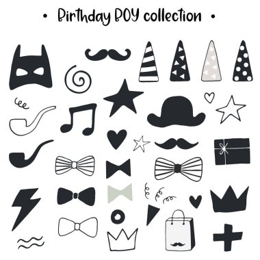 Unique hand drawn birthday boy collection. Set of holiday elements. Monochrome decorations in scandinavian style. clipart