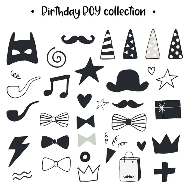 Unique collection de garçons anniversaire dessinée à la main. Ensemble d'éléments de vacances. Décorations monochromes dans un style scandinave . — Image vectorielle