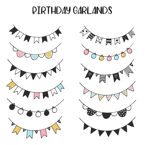 Unique hand drawn birthday garlands set. Holiday color decorations in scandinavian style. Vector illustration — Stock Vector