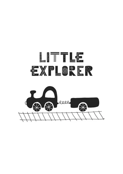 Pequeño explorador - Lindo cartel de vivero dibujado a mano con letras y coche en estilo escandinavo . — Archivo Imágenes Vectoriales