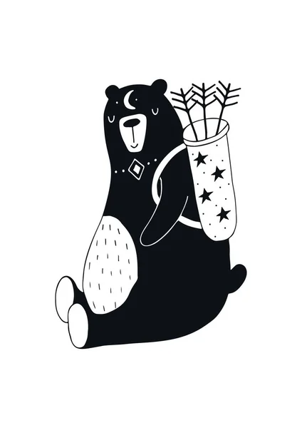 Χαριτωμένο χέρι συρμένο φυτώριο αφίσα με κυνηγός αρκούδα σε σκανδιναβικό στυλ. — Διανυσματικό Αρχείο