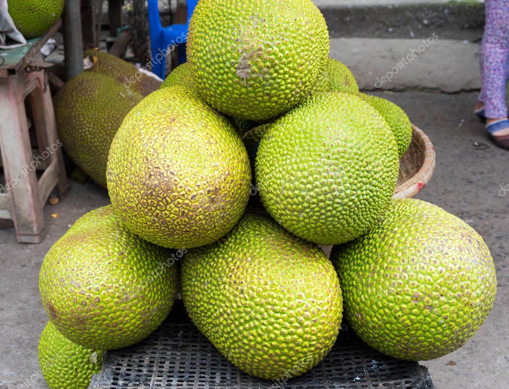Jack fruit , tropical fruit displayed at Vinh Long fruit market, Mekong