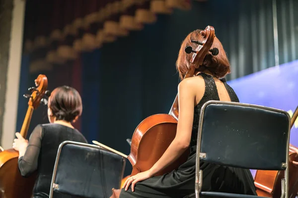 Musician play violin. Female violinist playing the violin stringst on the concert stage. Closeup.