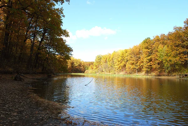 暖かい秋の日に森の湖を — ストック写真