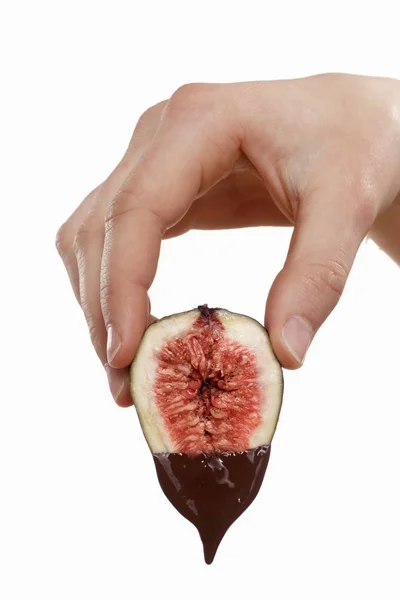 Hand holding fig dripping with chocolate — Stock Photo, Image