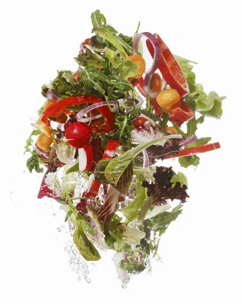 Salade Ingrediënten Worden Gewassen Witte Ondergrond — Stockfoto