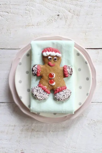 Top View Decorated Gingerbread Man Plate — Stock Photo, Image