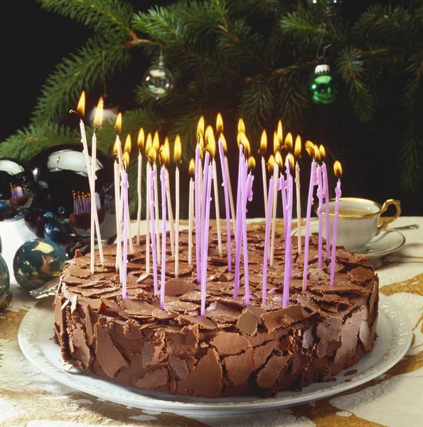 Closeup View Chocolate Cake Burning Candles — Stock Photo, Image