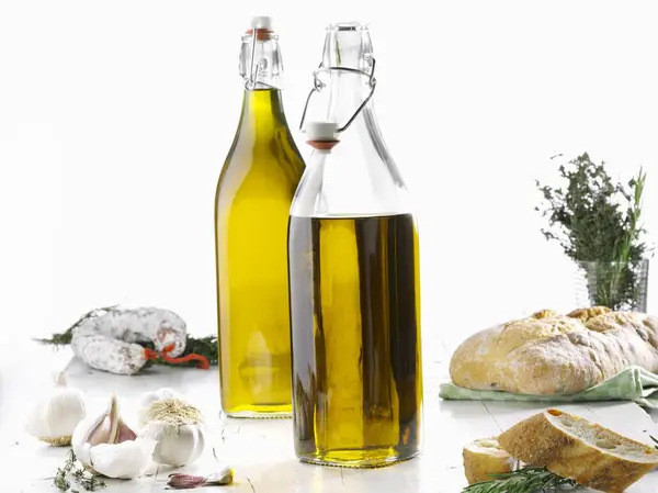 Olive Oil Garlic Salami Herbs Ciabatta White Surface — Stock Photo, Image
