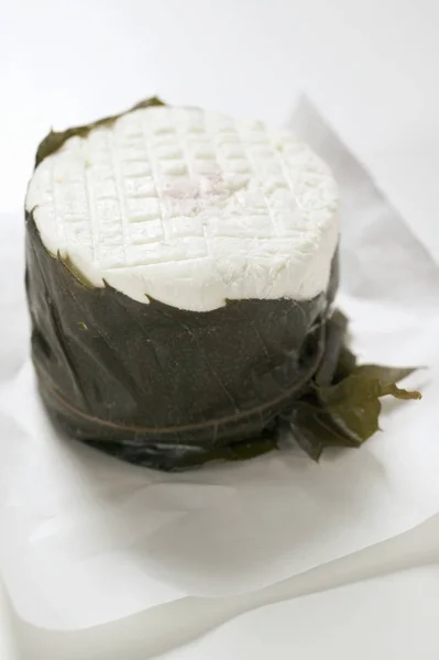 Goat's cheese in chestnut leaf — Stock Photo, Image