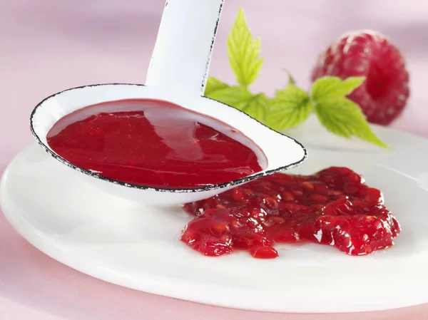 Closeup View Raspberry Sauce Plate Ladle — Stock Photo, Image