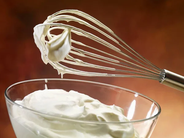 Closeup View Whipping Cream Glass Bowl Whisk — Stock Photo, Image