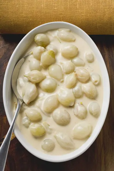 Pearl Onions Cream Sauce Dish Spoon — Stock Photo, Image