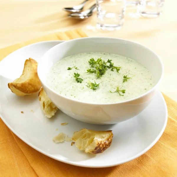 Kressesuppe in weißer Schüssel — Stockfoto