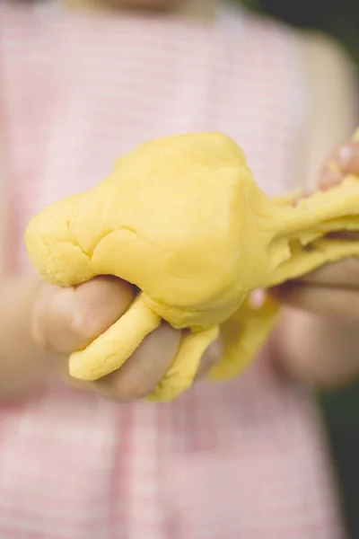 Closeup View Child Hands Kneading Dough — Stock Photo, Image