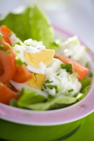Salată verde, ou, roșii — Fotografie, imagine de stoc