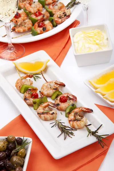 Closeup View Grilled Shrimp Skewers Rosemary Branches Lemon Aioli — Stock Photo, Image