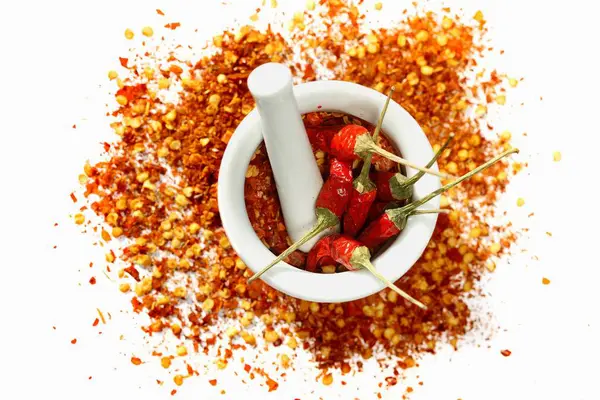 Suszona papryka chili i płatków chili — Zdjęcie stockowe