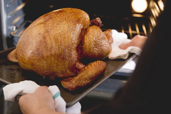 Hands holding roast turkey — Stock Photo, Image