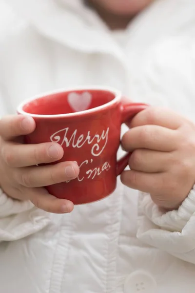 Closeup View Child Holding Red Christmas Cup — Stock Photo, Image