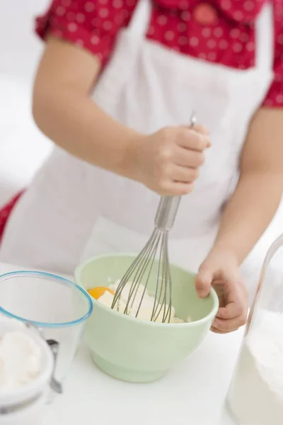 Tilted View Girl Mixing Egg Flour Butter Whisk — Stock Photo, Image