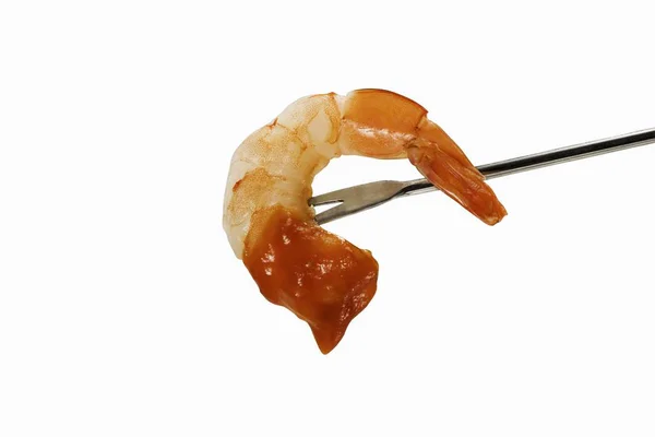 Shrimp Dipped in Cocktail Sauce on Fork — Stock Photo, Image