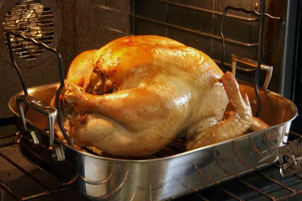 オーブンで焼きフライパンの全体の七面鳥のクローズ アップ ビュー — ストック写真