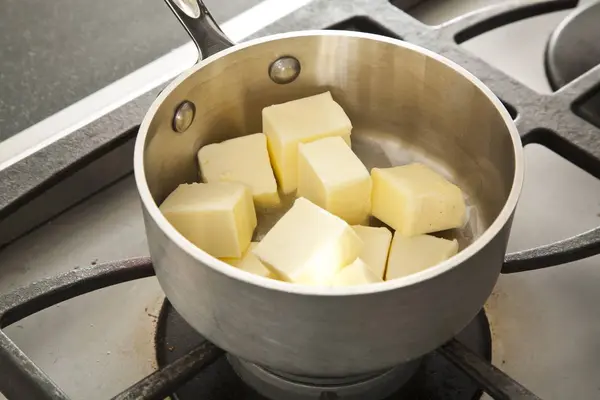 Closeup View Butter Cubes Pot Stove — Stock Photo, Image