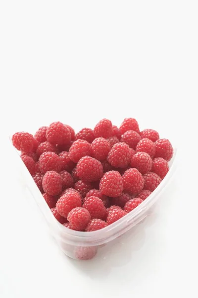 Raspberries in plastic container — Stock Photo, Image