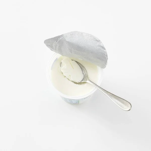 Closeup View Sour Cream Plastic Cup Spoon — Stock Photo, Image